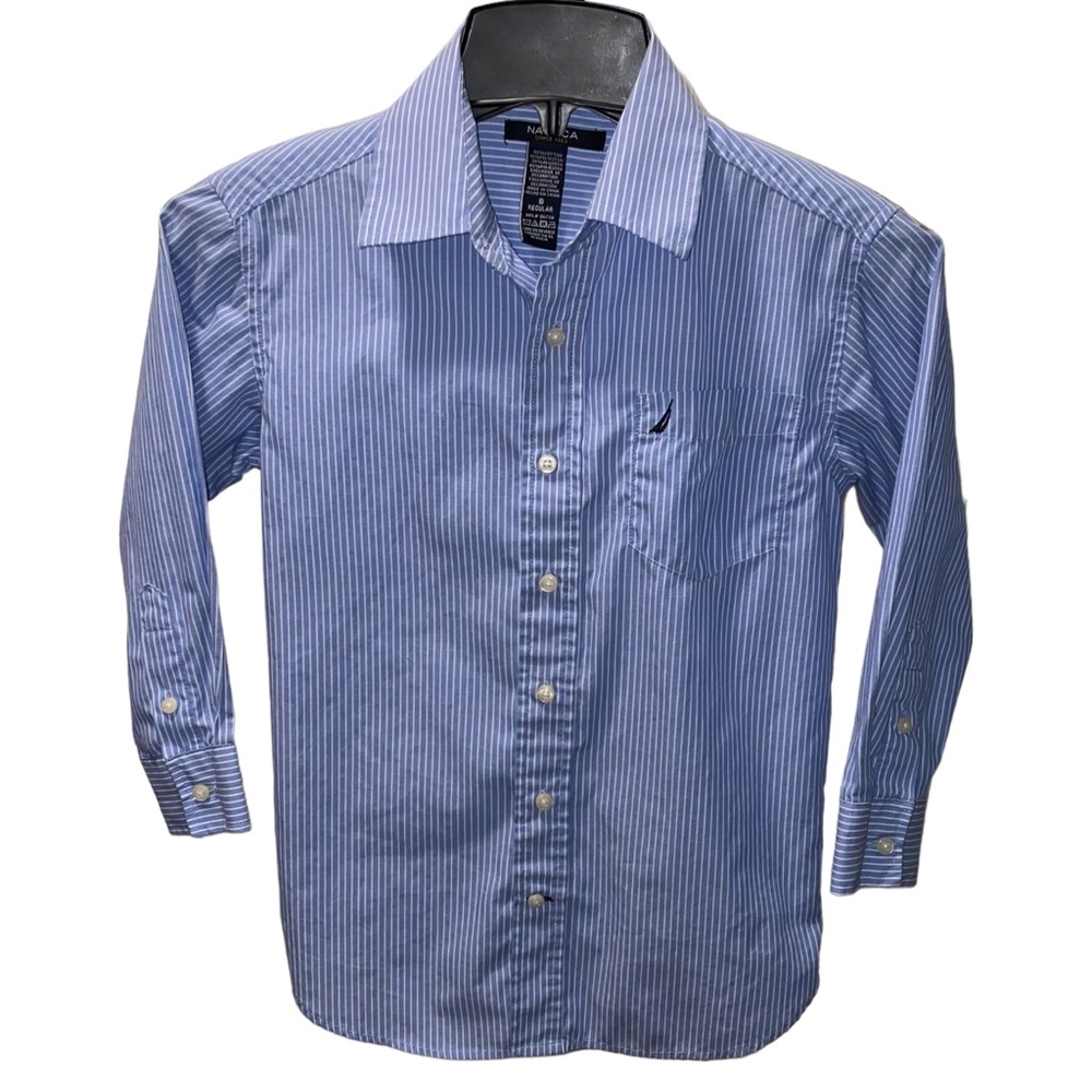 Nautica Boys Blue and White Stripe Long Sleeve Button Down Dress Shirt 8